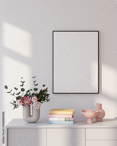 Modern Living Room Poster Frame Mockup with Natural Light and Minimalist Decoration. 3D render.