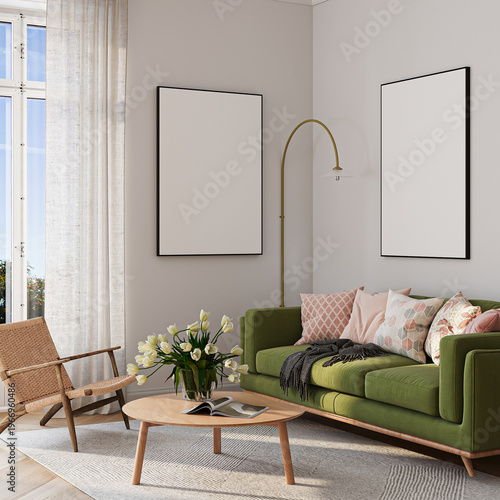 Modern Living Room Poster Frame Mockup with Natural Light and Minimalist Decoration. 3D render.