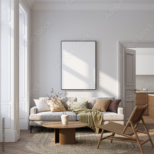Modern Living Room Poster Frame Mockup with Natural Light and Minimalist Decoration. 3D render.