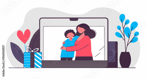 Illustration of a mother and son embracing on a laptop screen, celebrating a special occasion with gifts and decorations