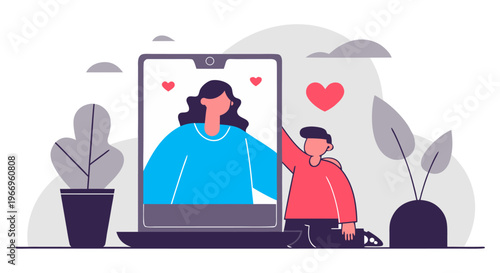 A young boy virtually connecting with his mother through a video call, expressing love and affection