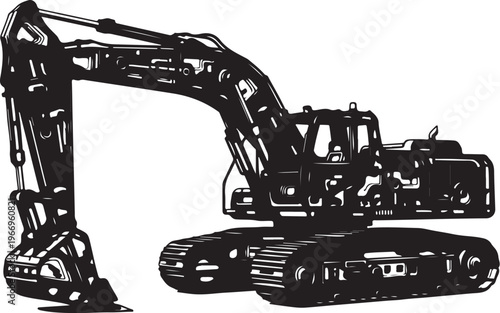 Black excavator machine with long arm and tracks illustration