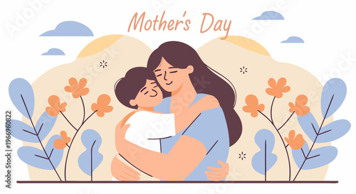 Mother's Day illustration of a mother hugging her child with flowers and nature in the background