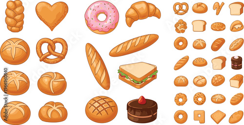 Hand drawn bakery vector collection featuring bread loaves croissants donuts pretzels and pastries in warm tones for menu design packaging branding and food illustration