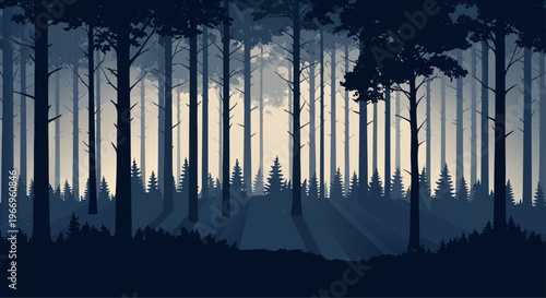 Dark Forest Silhouette with Rays of Light Filtering Through the Trees