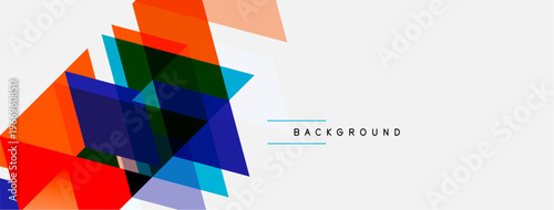 Abstract geometric shapes overlap, creating vibrant color blocks. White space dominates right side, text reads background. Modern design.