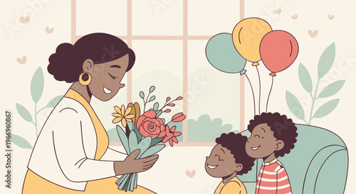 Happy mother receiving flowers and balloons from her children on a special occasion