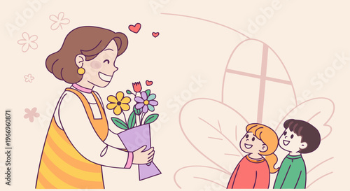 A mother happily receives flowers from her children on a special occasion, celebrating family love and appreciation