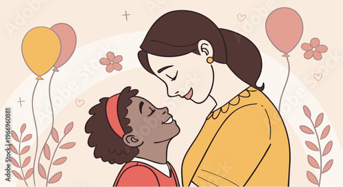 A mother and daughter sharing a tender moment with balloons and flowers, celebrating love and family bonds