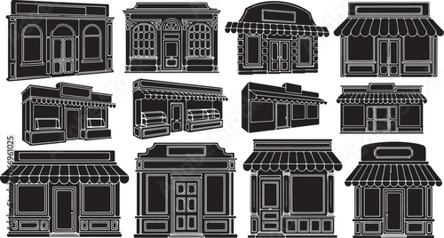 Collection of various storefronts and building facades in black