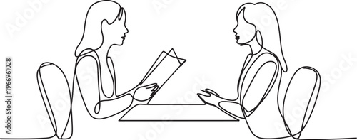Job interview. Vector simple composition of one continuous line depicting a recruiter and a candidate. Continuous line drawing depicting two women talking at a table. one line Icon drawing