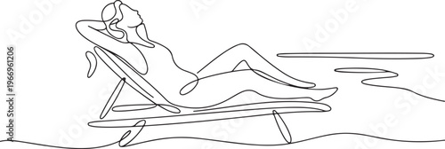 Woman relaxing on a beach lounge chair in continuous line art drawing style. Wellness and relax time. Happy summer vacation. one line Icon drawing