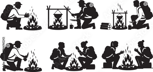 Conceptual Silhouettes of Campers Enjoying a Warm Campfire in the Wilderness, Preparing Food and Relaxing Under the Open Sky, Highlighting Outdoor Lifestyle and Adventure