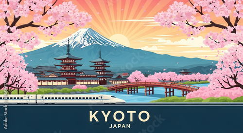 Kyoto Japan Landscape: Mount Fuji, Cherry Blossoms, Temple, and Bullet Train