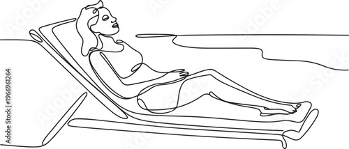 Woman relaxing on a beach lounge chair in continuous line art drawing style. Wellness and relax time. Happy summer vacation. one line Icon drawing