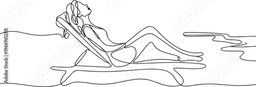 Woman relaxing on a beach lounge chair in continuous line art drawing style. Wellness and relax time. Happy summer vacation. one line Icon drawing