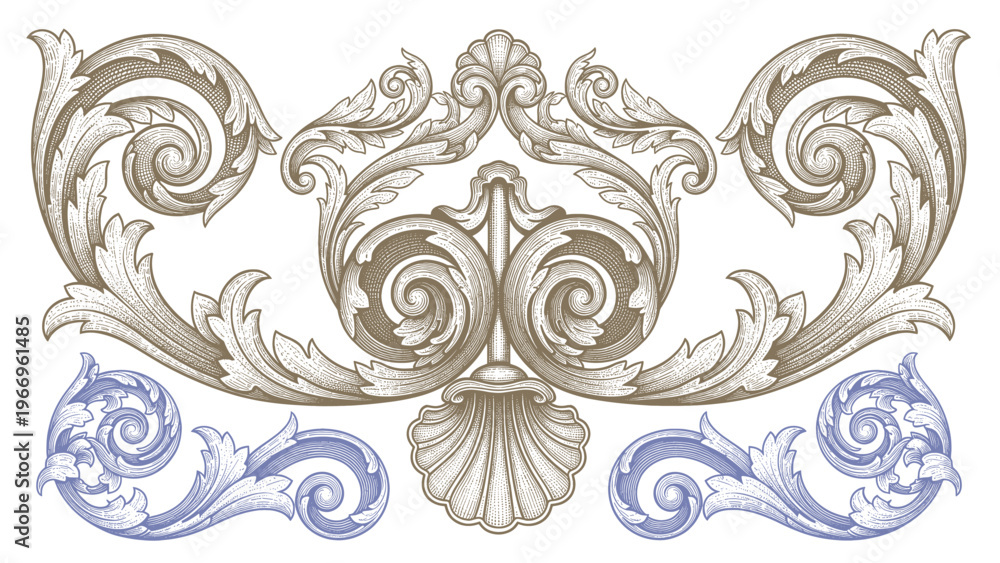 Fototapeta premium Collection of ornate decorative architectural elements and flourishes for classical design, borders, and embellishments