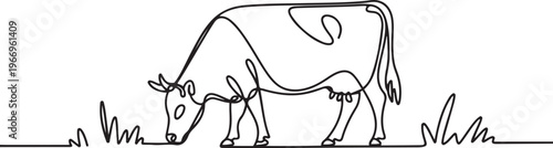 Cow on pasture in continuous line art drawing style. Grazing cow minimalist black linear. one line Icon drawing