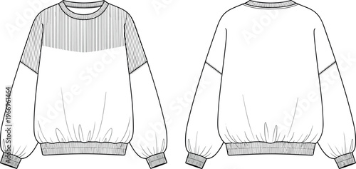 Oversized Long Sleeve Sweatshirt Fashion Technical Sketch with Ribbed Yoke Detail and Elastic Hem Front and Back View Vector Illustration