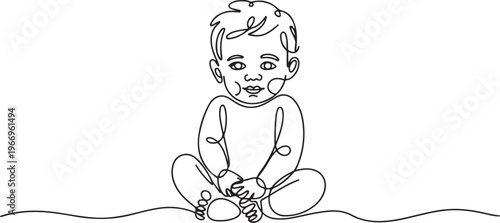 Baby boy sitting in continuous line art drawing style. Cute toddler child black linear. one line Icon drawing