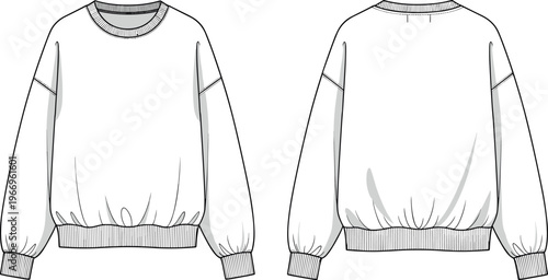 Sweatshirt technical flat sketch template with front and back views, oversized long sleeve fleece jumper fashion vector illustration for apparel design.