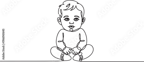 Baby boy sitting in continuous line art drawing style. Cute toddler child black linear. one line Icon drawing