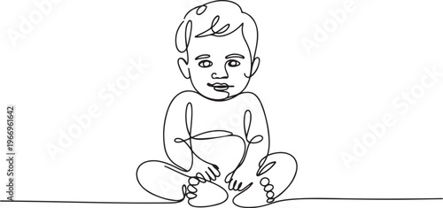 Baby boy sitting in continuous line art drawing style. Cute toddler child black linear. one line Icon drawing