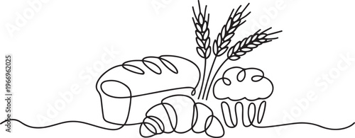 Bakery products with wheat ear in continuous line art drawing style. Black line. one line Icon drawing