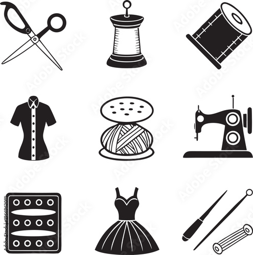Collection of black and white icons representing various sewing and tailoring tools and equipment.