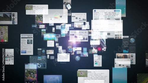 Floating digital panels and blurred interfaces create a sense of constant information flow, representing the overwhelming stream of data, news, and online communication in modern life.
