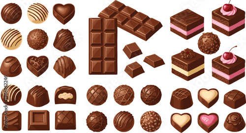 Hand drawn chocolate dessert vector set featuring truffles bars pralines and layered cakes in rich detailed style for bakery menu packaging and confectionery design
