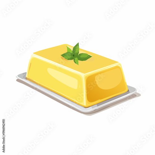 Butter sitting on a plate with a green leaf on top at a kitchen table during daylight Generative AI