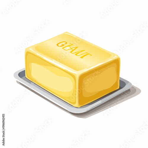 Block of yellow butter displayed on a white plate in a kitchen setting during daylight hours Generative AI