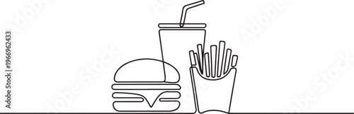 Burger, soda and french fries takeout food in continuous line art drawing style. Fast food minimalist black linear. one line Icon drawing