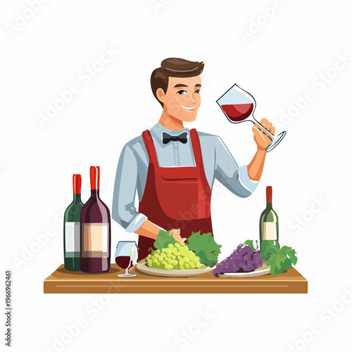 Wine tasting event with a server showing a glass of red wine and fresh grapes at a table Generative AI