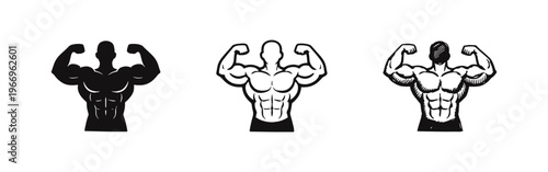 Bodybuilder Posing with Strong Muscles Icon Set