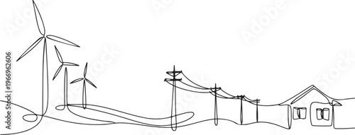 Wind energy in continuous line art drawing style. Landscape with wind turbines producing electricity, power line and abstract private home consumer. one line Icon drawing