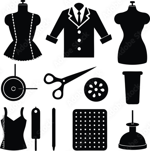 Set of black and white icons representing tailoring and sewing tools like scissors and mannequins