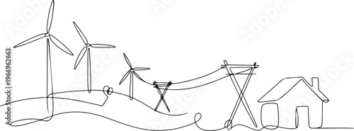 Wind energy in continuous line art drawing style. Landscape with wind turbines producing electricity, power line and abstract private home consumer. one line Icon drawing