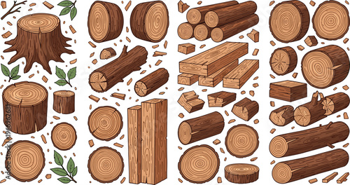 Hand drawn wood log vector set featuring tree trunks cut timber stumps and wooden textures in detailed natural style for forestry carpentry and rustic design
