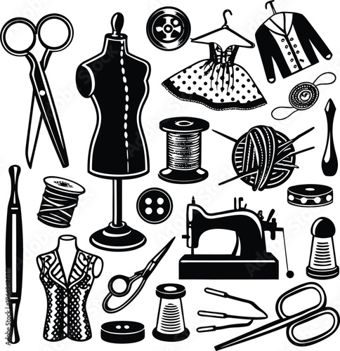 Collection of black and white sewing tools and tailoring equipment icons on a white background