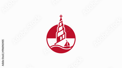 Red Lighthouse and Sailboat Logo on White Background