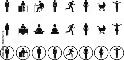 Comprehensive collection of people pictograms and human icons featuring business professional running student meditation stroller and office worker for infographic design isolated