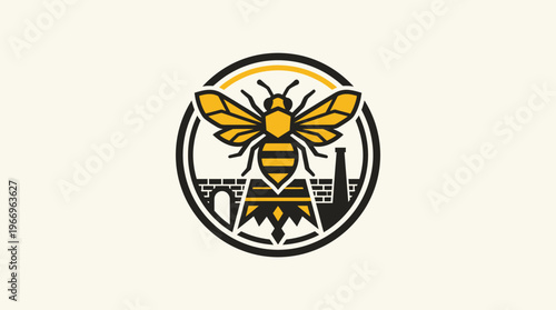 Bee Logo with City Elements in a Circular Badge