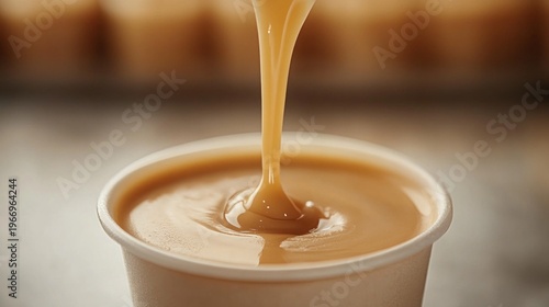 Pouring Liquid Caramel Sauce into a White Cup