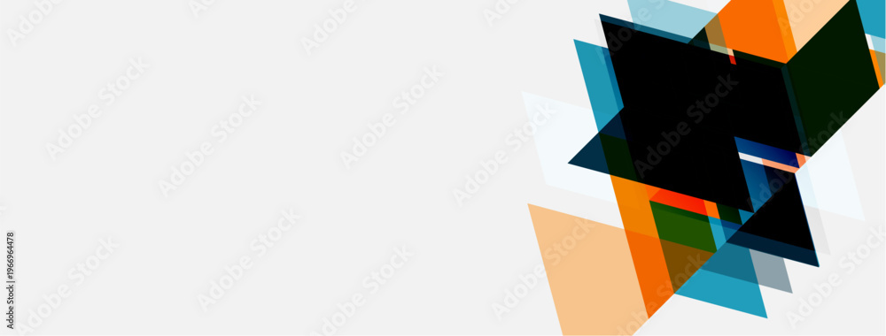 Fototapeta premium Abstract geometric shapes overlap, creating dynamic composition. Colors include orange, blue, green, black, white. Minimalist design.