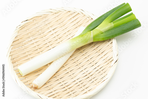 笊に乗った長ネギ　白バック