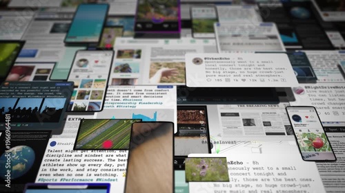 A dense arrangement of digital screens and social media elements illustrates the constant influx of information, emphasizing content overload, multitasking, and digital consumption habits.