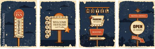 Retro roadside vertical posters set classic American night motel signboard with bold vintage typography and arrows. Vector illustration in midcentury 1950s style