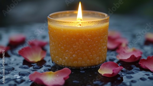 Lit orange candle in glass, surrounded by wet pink rose petals and water droplets on dark surface.